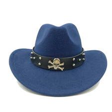 Navy Blue, Western Skull Cowboy, Cowgirl Hat, Men Women Retro Wide Brim