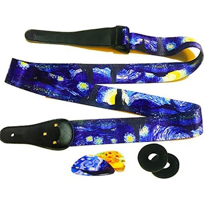 Van Gogh "Starry Night" Guitar Strap Bundle Includes 2 Strap Locks & 2 Matching Picks. Adjustable Polyester Guitar Strap - Suitable For Bass, Electric & Acoustic Guitars (740175163307)
