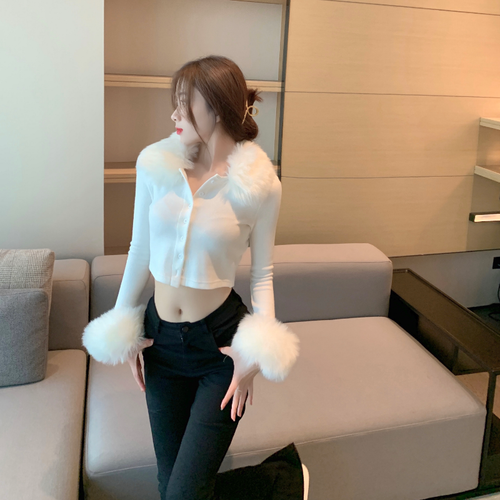 Damen Kunstfellkragen Cardigan Crop Pullover Mantel Langarm Jacke Slim Fit Sexy - Bild 6 von 10