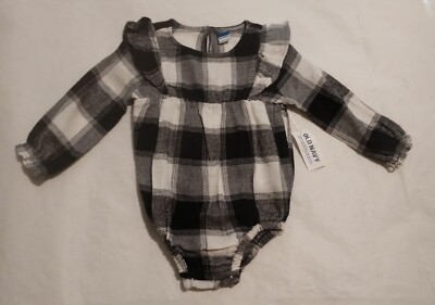 NWT Old Navy Black White Plaid Flannel Bubble Romper 1PC 3-6