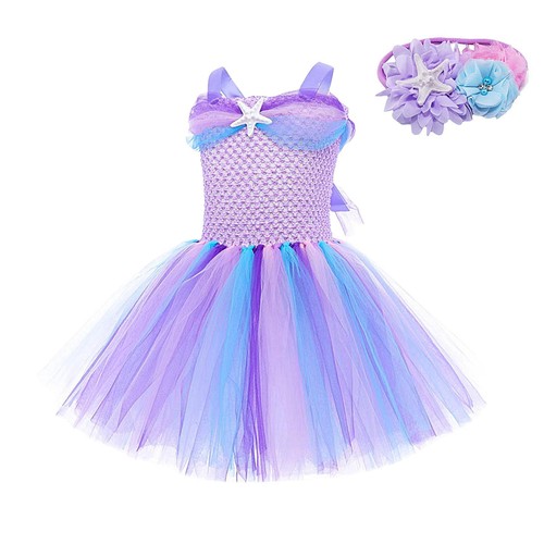 Girls The Little Mermaid Dress Costume Kids Ariel Princess Tutu Dress Headband - Picture 4 of 15