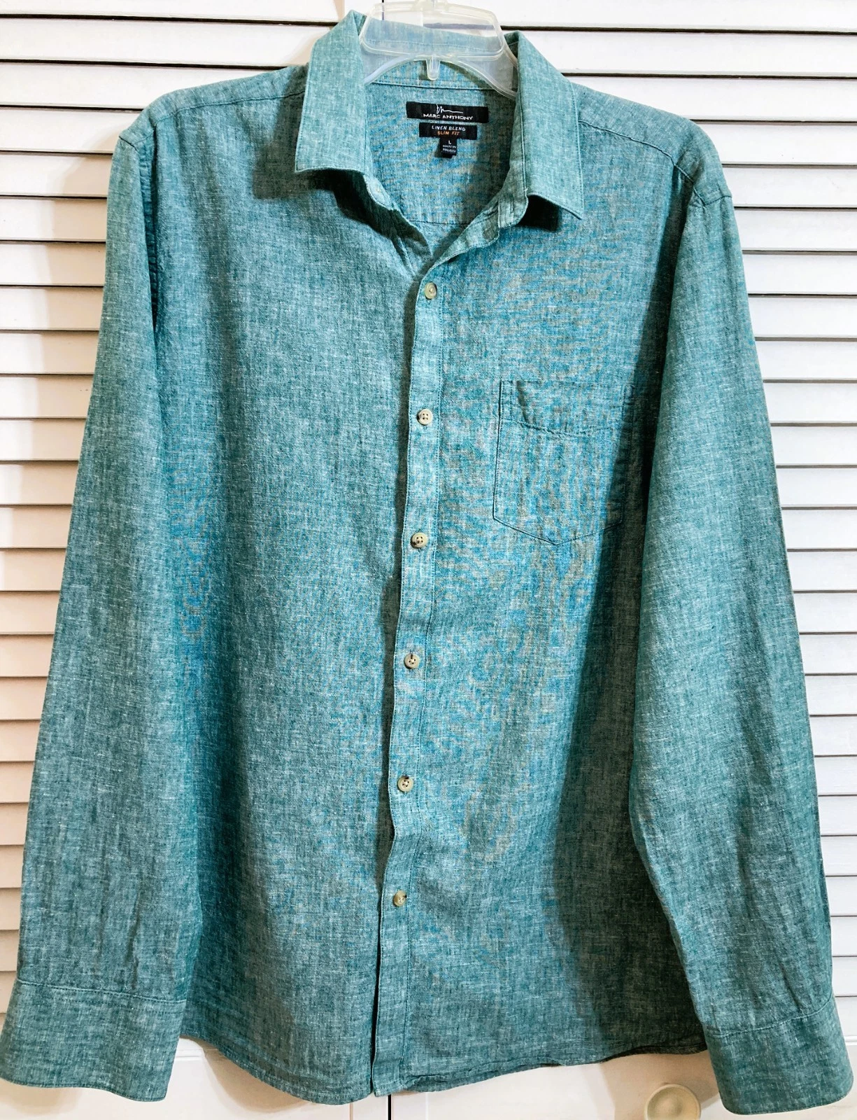 Marc Anthony Slim Fit Teal Linen Blend Shirt SZ L Beach Vacation Resort