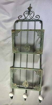 Vintage Metal Ornate 2 File Pocket Organizer Basket Hanging 3 Ceramic Ball Hooks