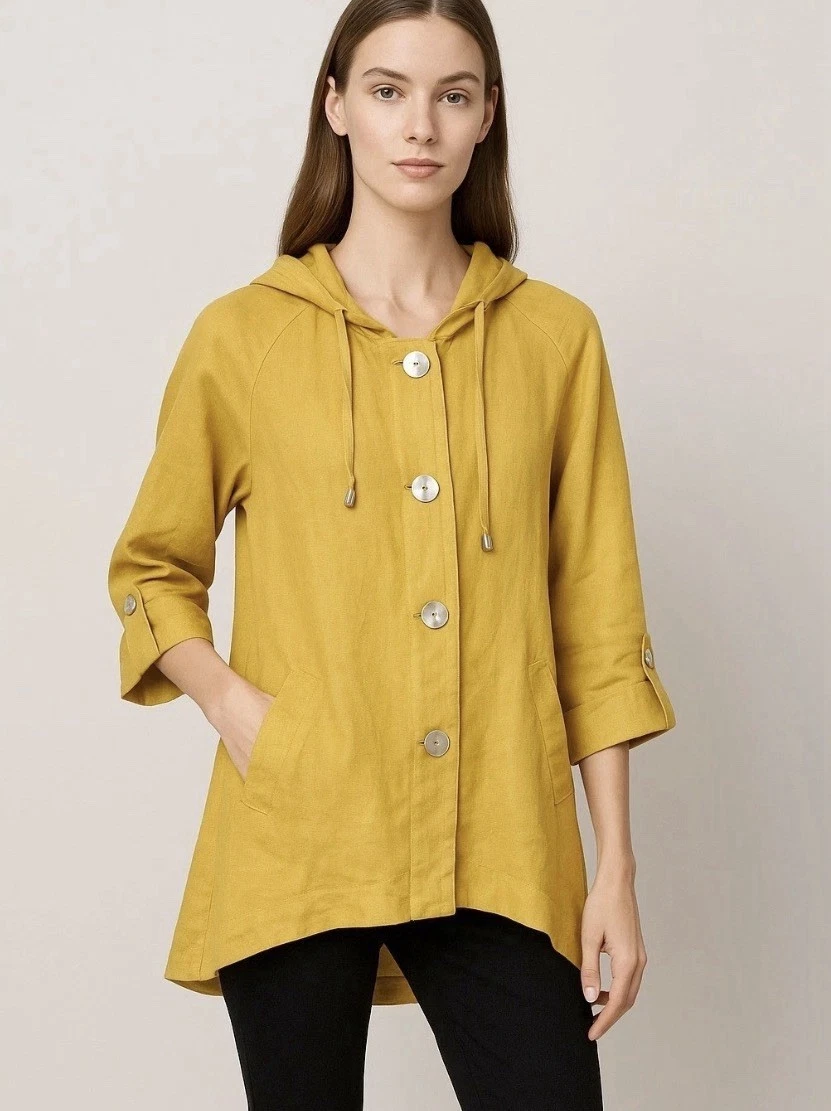 Jones & Co 100% Linen Jacket Poncho Hooded Button Front Swing Lagenlook Sz M