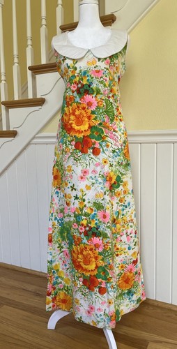Vintage Maxi Dress Empire Very Bright Floral Embossed Cotton White Collar 70’s S - Picture 4 of 18