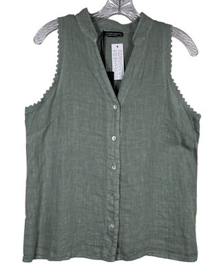 New FRANCESCA BETTINI Sz S Top 100% Linen Sage Green Lace Women Button Italy NWT