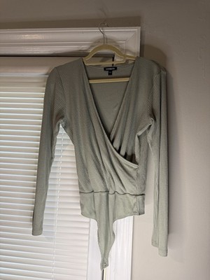 Express Olive Green Ribbed cross Cross Long Sleeve Bodysuit Large