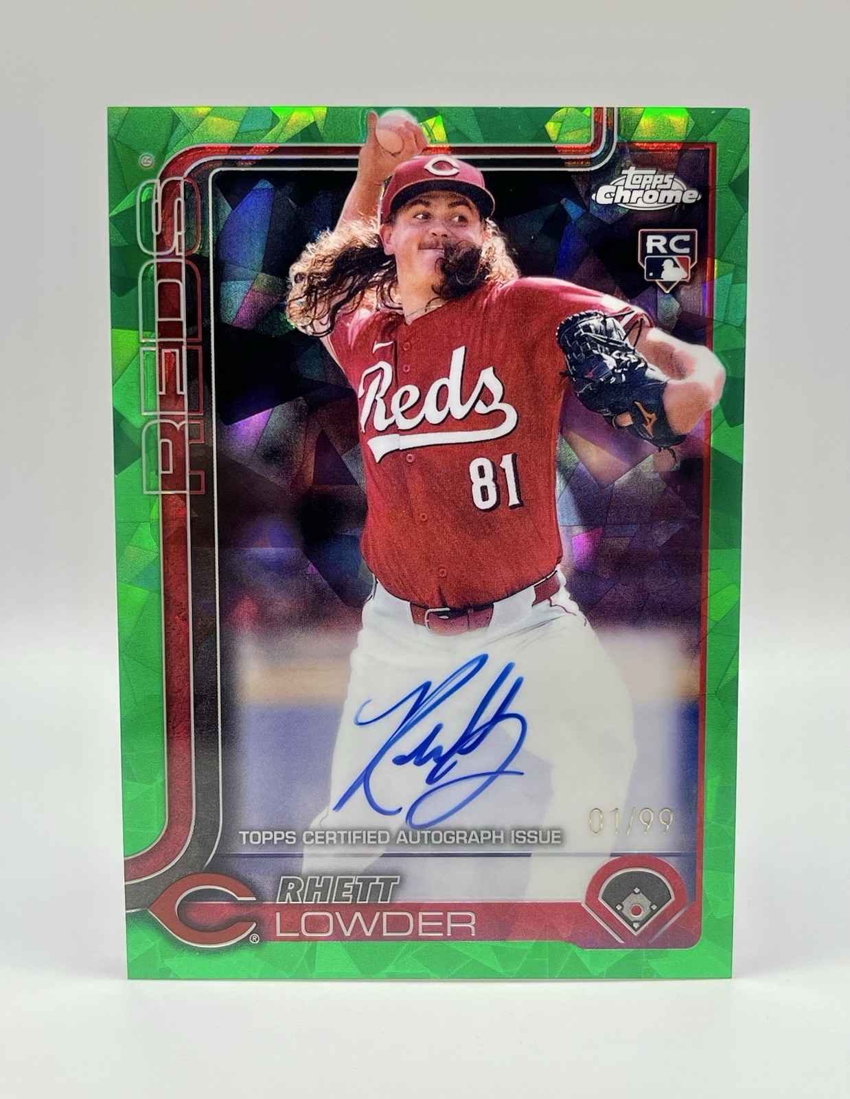 2025 Topps Chrome Sapphire RA-RL Rhett Lowder RC Rookie Auto Green Refractor /99
