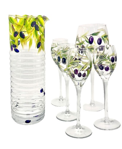 Hand Painted Etched Olives Crystal Wine Glasses And Decanter Romania Set 6 - Picture 8 of 13