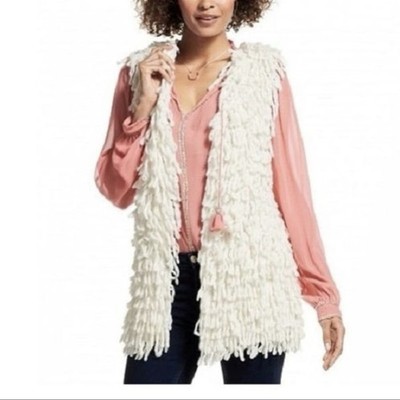 AS by DF Handmade Loop Fringe Ivory Open Front Sleeveless Sweater Vest Small