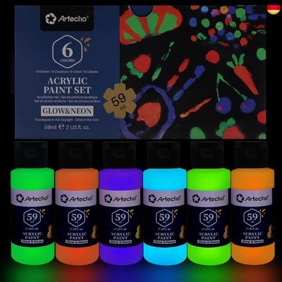 Artecho Fluoreszierende Farbe Leuchtfarbe 6x59 ml, Schwarzlicht Farbe