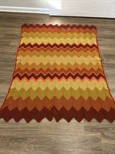 70  s Handmade Crochet Chevron Zig Zag Multicolor Sofa Throw Afghan Blanket63x52