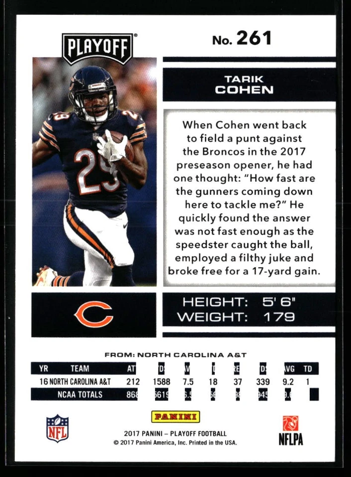 Tarik Cohen 2017 Panini Playoff #261 Goal Line Rookie Chicago Bears - Image 2 of 2