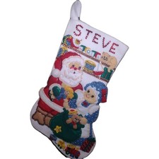 Vintage Bucilla Felt Christmas Stocking Kit 83199 Mr.  Mrs. Claus Completed 18"