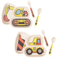 Kids Plate Set 3 Piece Toddler Dinnerware Fork Spoon Divided Excavator