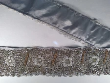 34" Length Of Vintage Silver Beaded Sequined Sari Trim 