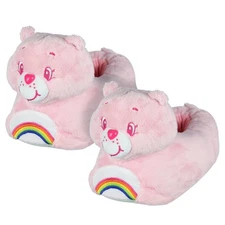 Care Bears Cheer Bear Slippers Pink Plush Rainbow Badge Footwear (L/XL)