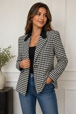 Vintage Houndstooth Tweed Blazer Black White Structured Office Chic Jacket