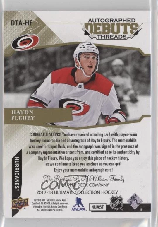 2017-18 Ultimate Collection Debut Threads Haydn Fleury RPA Rookie Patch Auto RC - Image 2 of 2