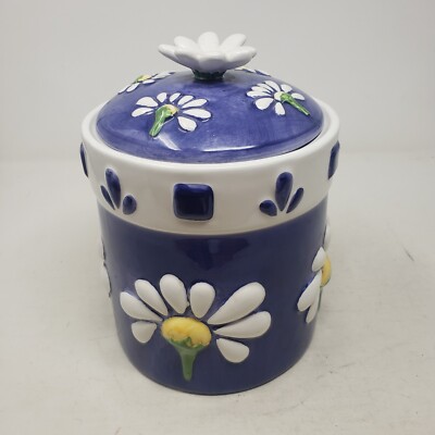 Vintage Oneida Blue White Daisy Flowers Cookie Jar Ceramic Hand