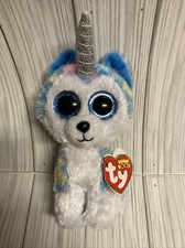 TY Beanie Boos Helena Blue Unicorn Husky Puppy Dog Glitter Eyes, Horn Ty Silk