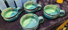 (4) Artisan Pottery Handeled Bowls Drip Glaze Signed Janet Rodriguez Beautiful