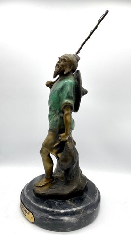 CHINESE FISHERMAN BRONZE MARBLE STATUE # 1930 SIGNED HIBBALD - Picture 5 of 7
