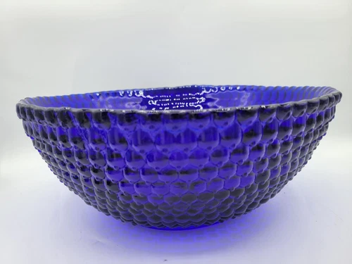 Vintage Blenko Art Glass Large 12" Glimmer Bowl 943L Cobalt Blue Hobnail