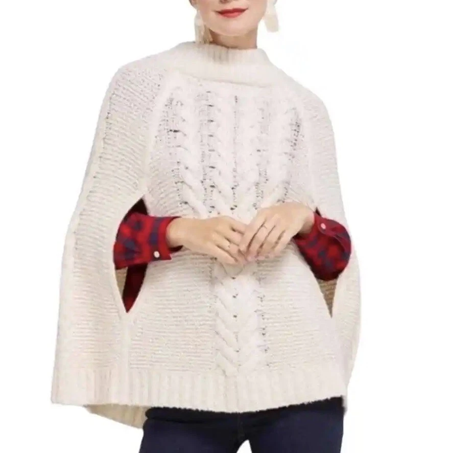 DRAPER JAMES Ivory Cable Knit Sweater Cape Poncho Viscose Wool Alpaca Sz M/L