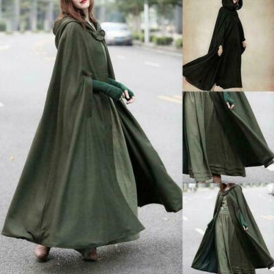 Womens Vintage Maxi Cloak Cape Jacket Long Hooded Parka Coat