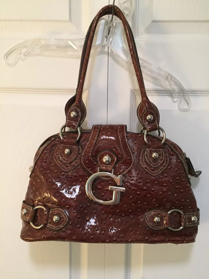 Vintage Guess Y2K Brown Shoulder Bag Embossed Silver Logo/Studded Footed