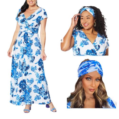 IMAN Boho Maxi Dress Head Wrap Wrinkle Resistant 8-10 Medium Blue Floral 692-183 - Picture 2 of 11