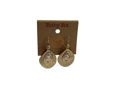 Ruby Rd Earrings Textured Gold Tone Filigree Overlay Dangle Tear Drop 2.5'' Long