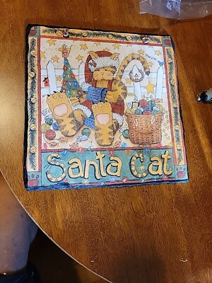 Santa Cat Slate Tile Plaque Heavy Sign