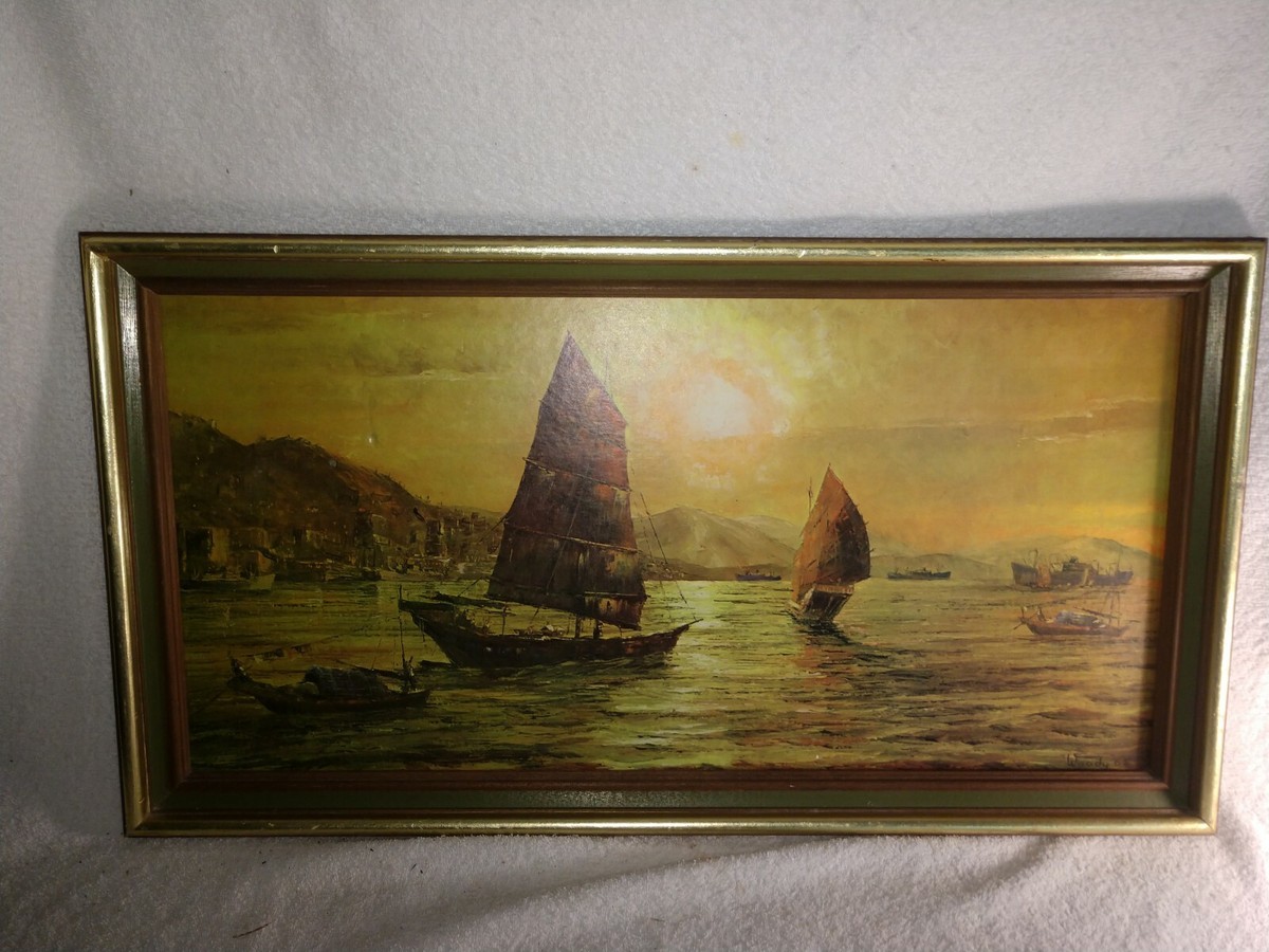 Vintage Wood Framed Lito Sampans at Sunset By Woody 65 | eBay