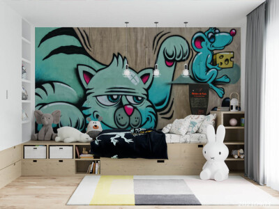 3D Cat Mouse Cheese Plank Deadman Self-adhesive Removeable Wallpaper Wall Mural1