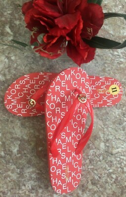 NEW MICHAEL KORS FLIP FLOP MANDARIN LOGO PRINT GOLD MK LOGO SIZE 11, $69.99