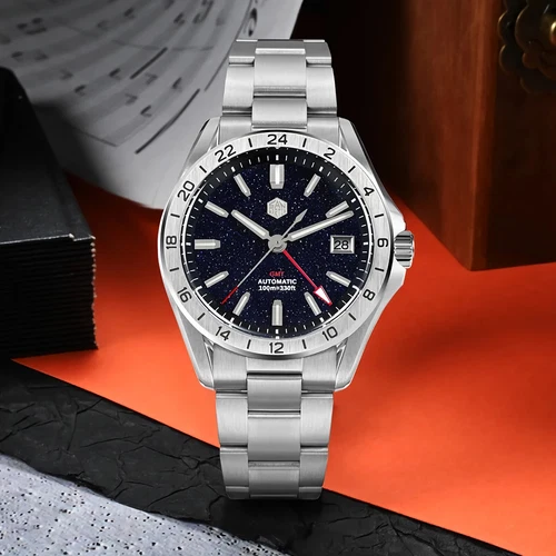 SAN MARTIN SN0129-G-B GMT Automatic Gemstone Dial Date Display 39mm 10ATM Watch - Picture 26 of 44