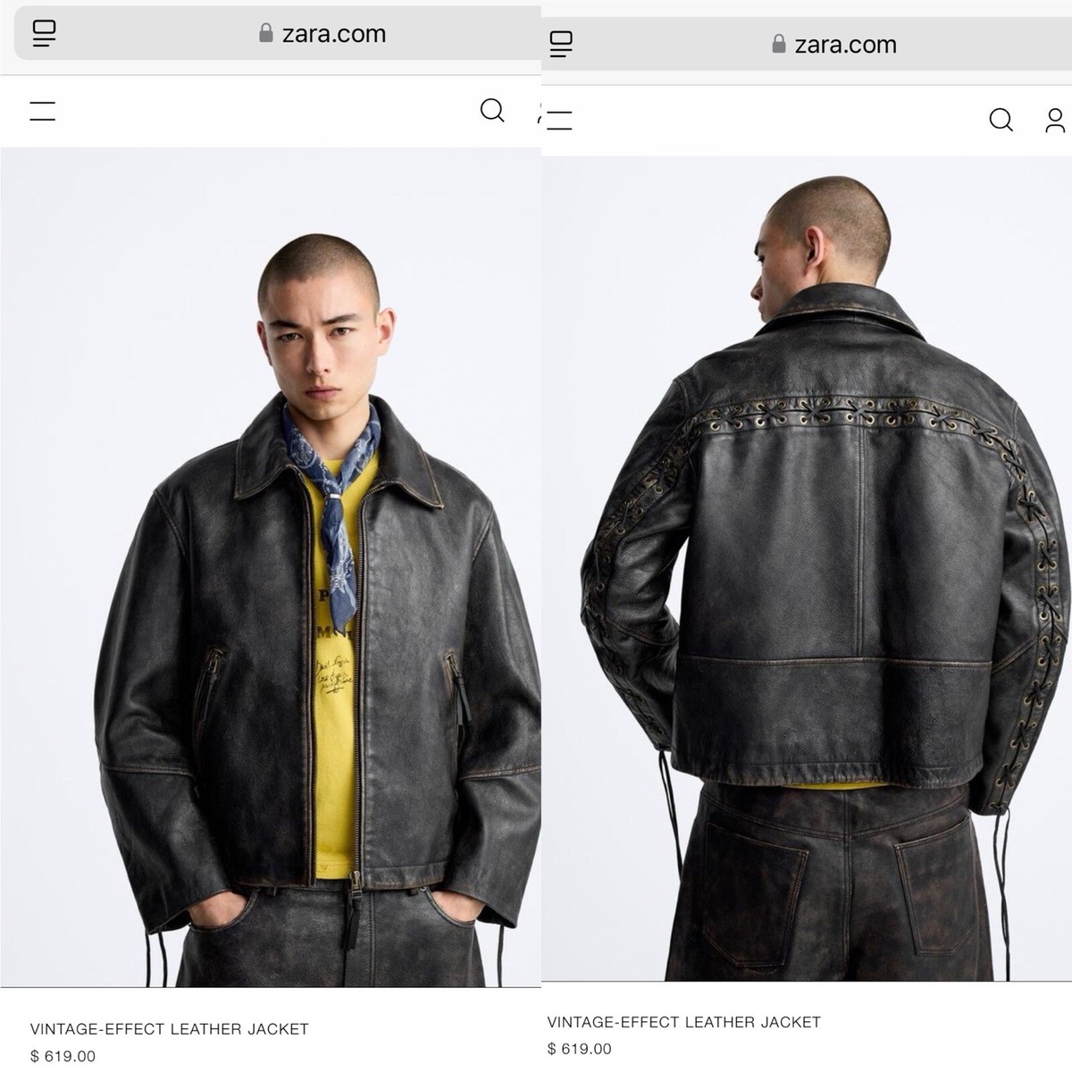 ZARA ヴィンテージエフェクト レザー ボンバージャケット ZARA $619 Vintage Effect 100% Cow Leather Jacket Mens S/M Unisex
