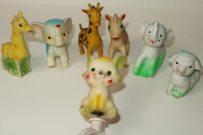 Vintage 1960's  Rubber Animal Squeak Toys Elephant Giraffe ++ & Cat Chew Toy