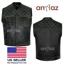 Men’s Diamond Quilted Black Leather Motorcycle Vest – Green Lined