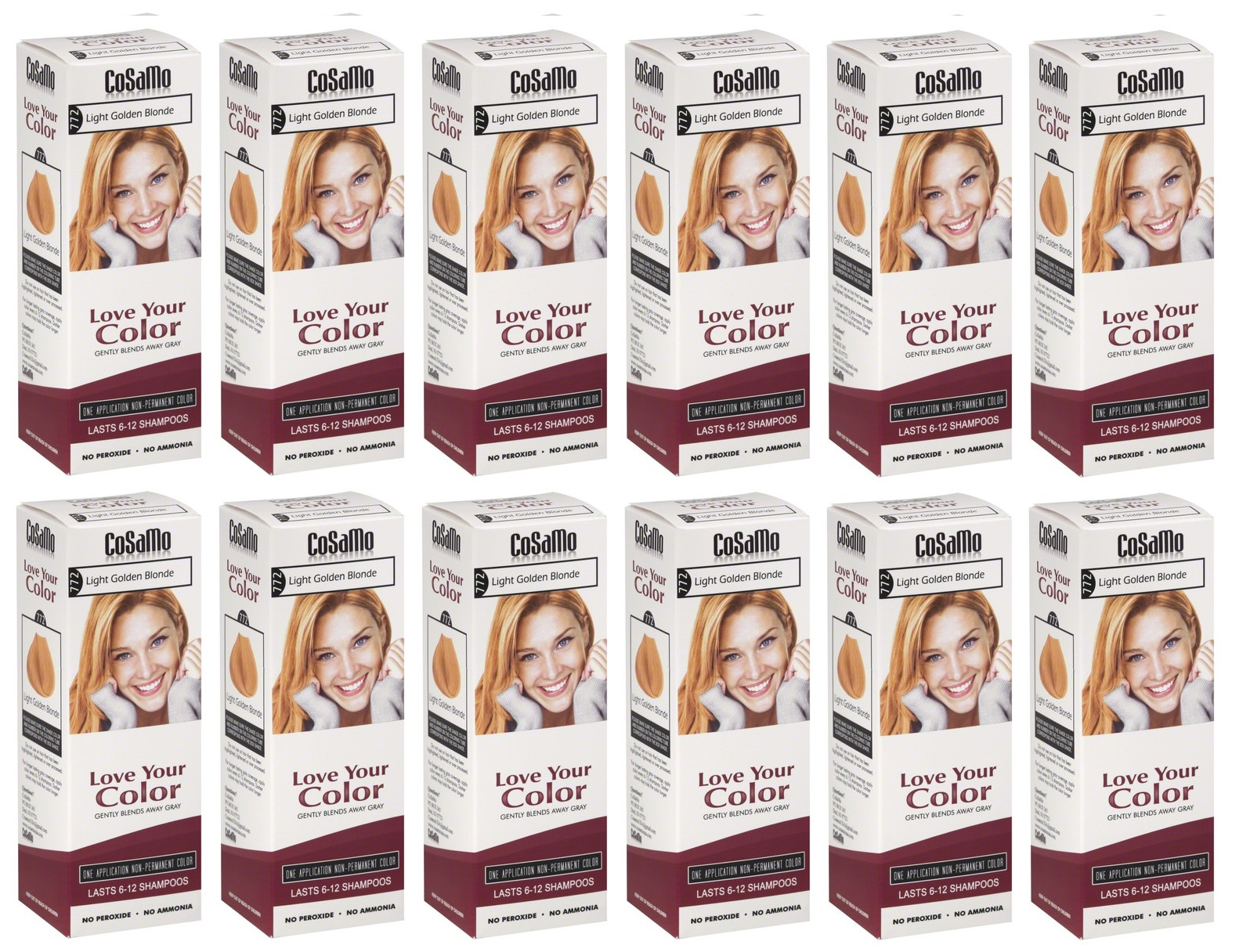 Color de cabello CoSaMo #772 rubio dorado claro, se compara con el cuidado amoroso #72 (paquete de 12