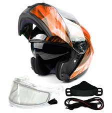 Orange Adult Modular Flip Up Snowmobile Helmet w/ Dual Lens Heated Shield DOT
