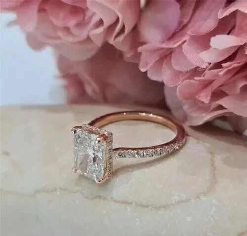 3Ct Radiant Cut VVS1 Moissanite Solitaire Engagement Ring 14k Rose Gold Plated - Picture 3 of 5