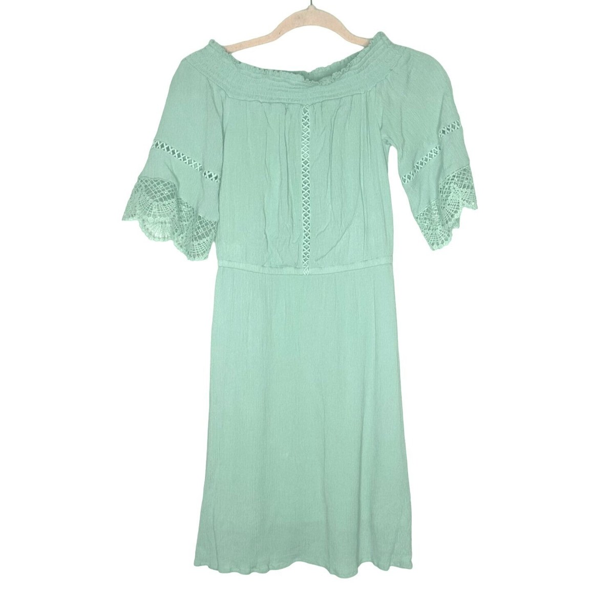 Crochet Embellished Peasant Dress Womens XS Mint Green Gauzy Cottage Boho Flowy Crochet Embellished Peasant Dress Womens XS Mint Green Gauzy Cottage Boho Flowy