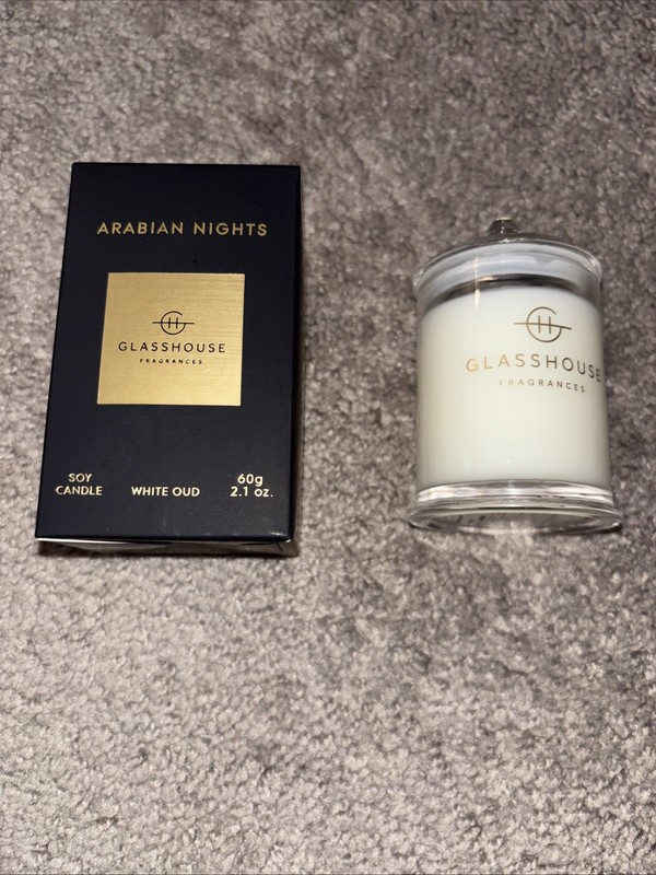 Glasshouse Arabian Nights Soy Candle White Oud 2.1 oz Glass Vessel With Lid New