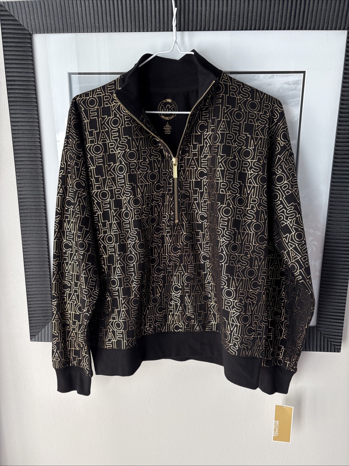 Michael Kors Logo Zip Jacket Black Gold Women Small MK Monog