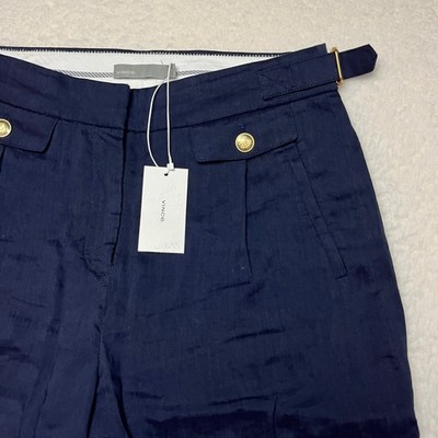 Vince Pants Womens 2 Navy Blue Linen Blend Wide Leg Gold Button Side Tab