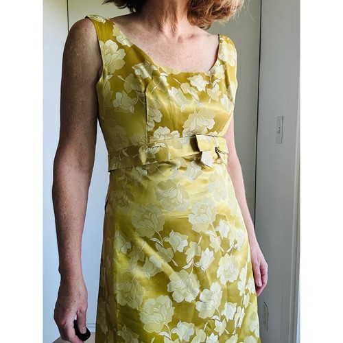 Vintage 60s Sateen Brocade Formal Dress Gold Size Medium Knee Length Retro - Picture 5 of 7