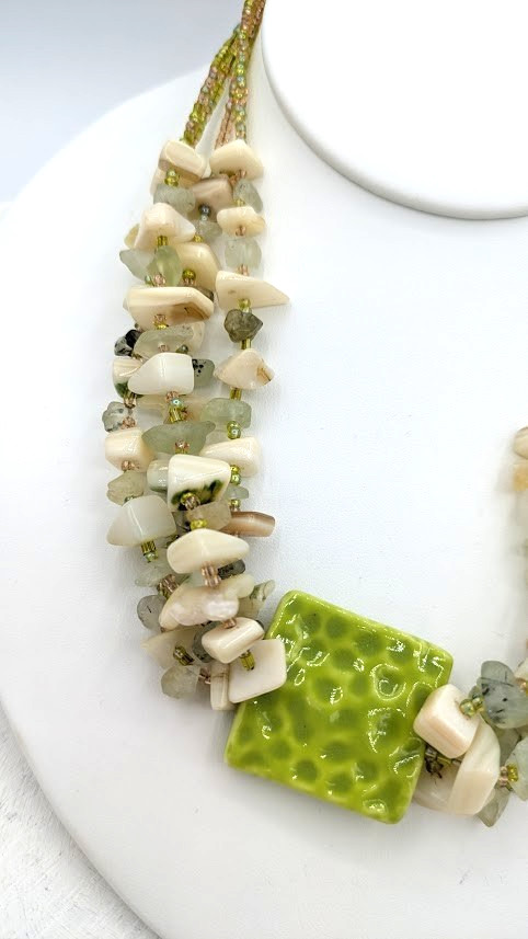 Green Statement Necklace Multi Strand Shell Porce… - image 5